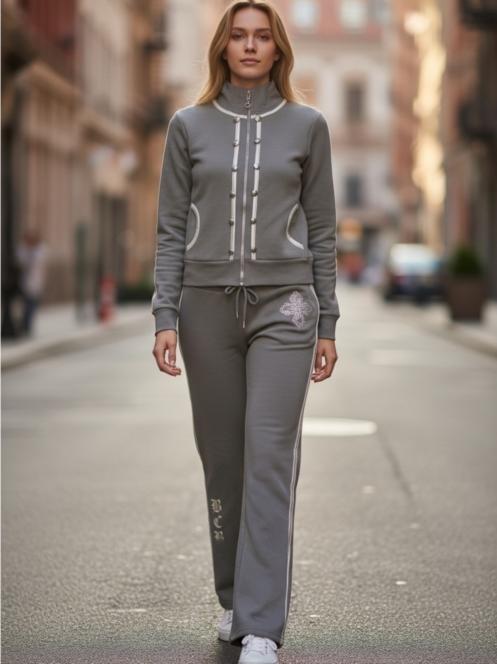 BCBGMaxAzria Grey Track Joggers and Jacket with Embellished Logo